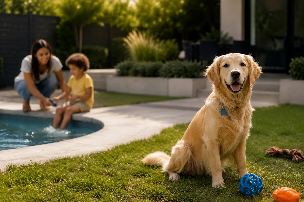 A golden retriever kept safely on the grass away from the party setup area while a family plays nearby