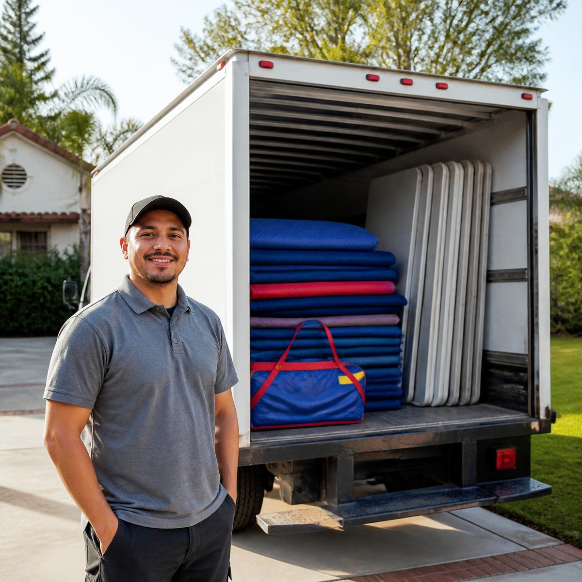 Delivery driver loading party rental equipment into a truck