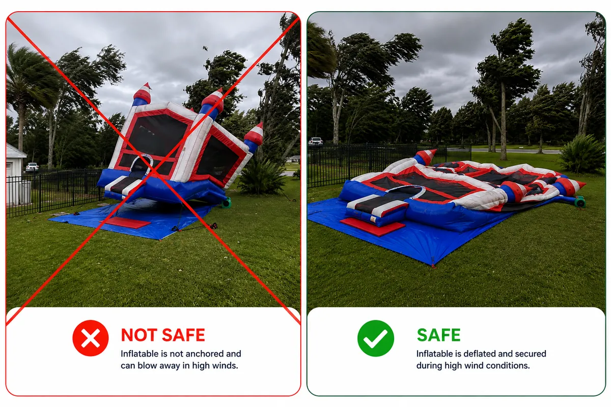 Wind safety comparison: an unanchored inflatable tipping in high winds is not safe, while a deflated and secured inflatable is safe