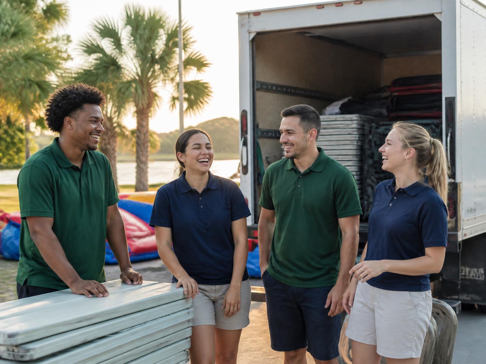 Bounce, Parties & Events crew laughing together beside a loaded box truck at a Florida park