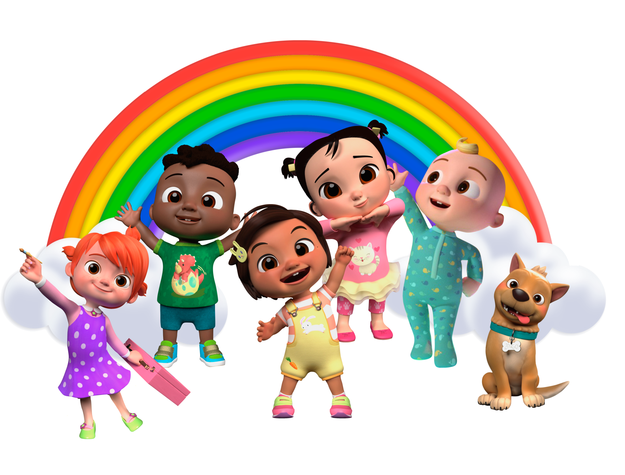 Cocomelon friends under a rainbow