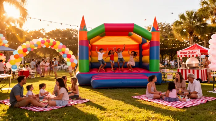 Kids jumping in a colorful bounce house at a sunny community block party