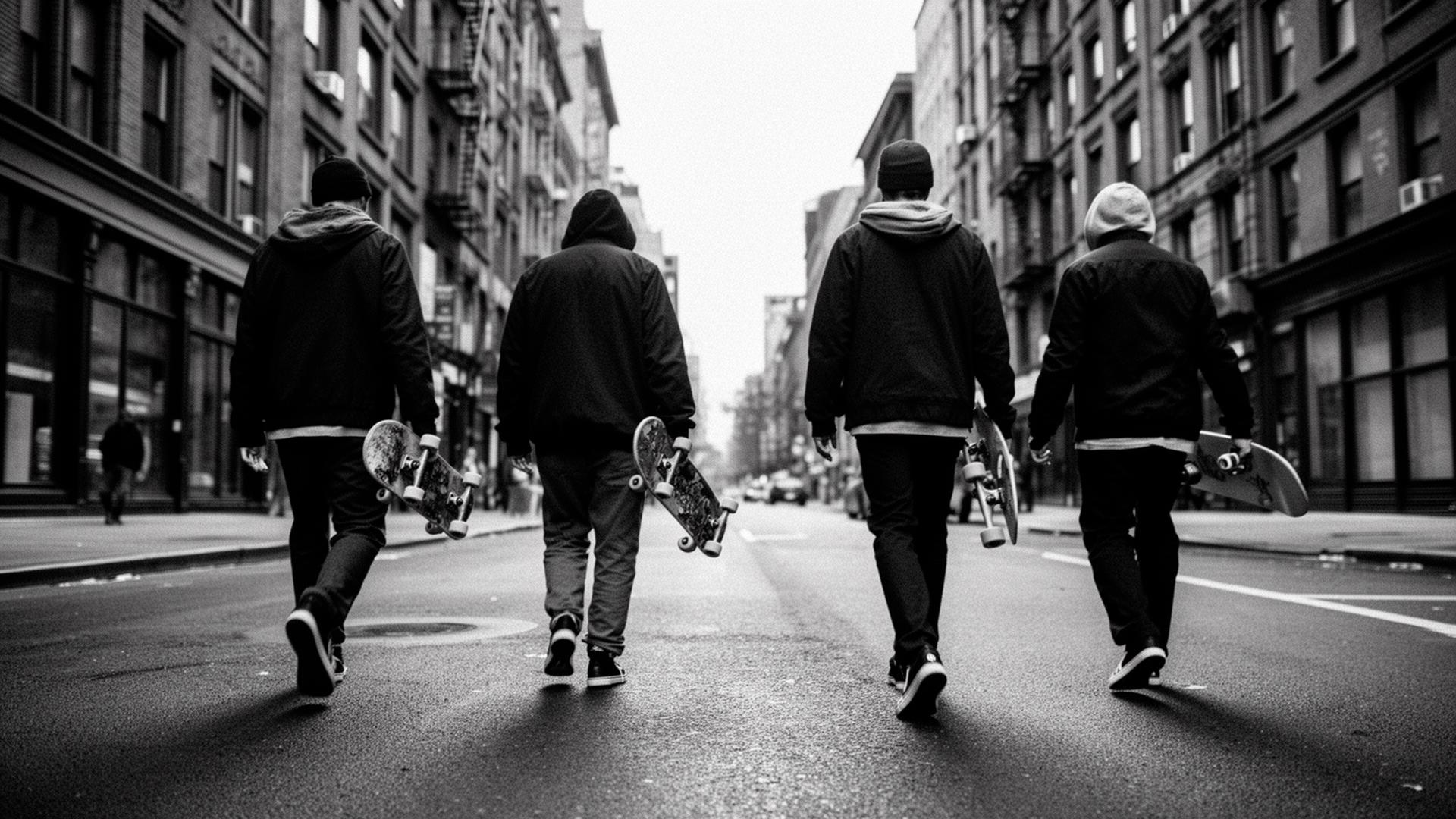 Skate crew walking the city