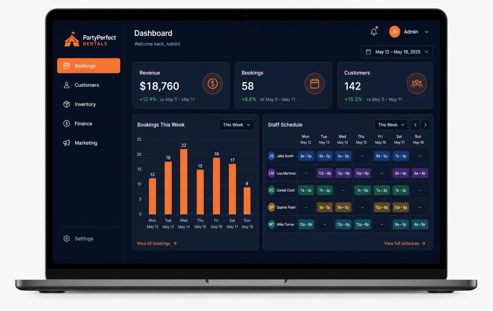 Rental business admin dashboard with bookings, revenue, and staff schedule