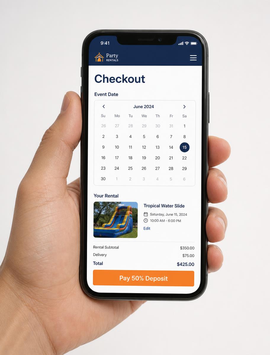 Mobile checkout with event date picker and 50% deposit payment